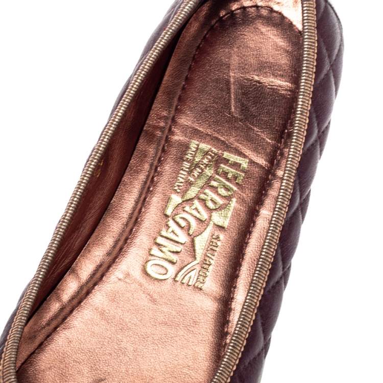Pre Owned Salvatore Ferragamo Metallic Brown/Purple Leather Rufina Vara Bow Ballet Size 38
