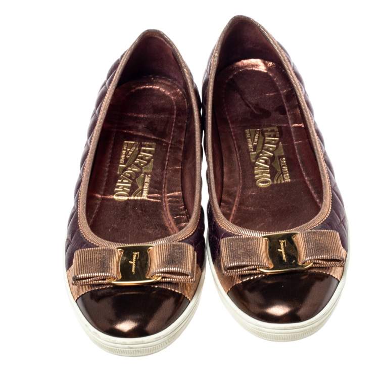 Pre Owned Salvatore Ferragamo Metallic Brown/Purple Leather Rufina Vara Bow Ballet Size 38