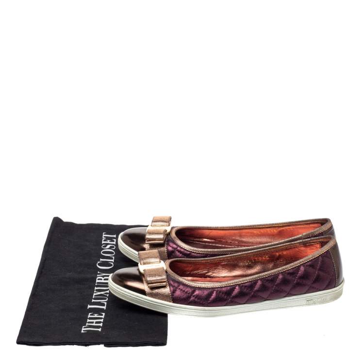 Pre Owned Salvatore Ferragamo Metallic Brown/Purple Leather Rufina Vara Bow Ballet Size 38