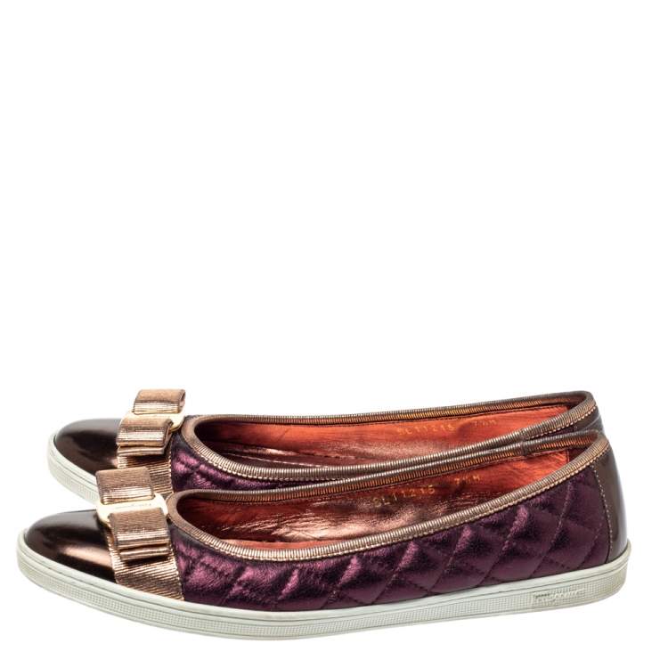 Pre Owned Salvatore Ferragamo Metallic Brown/Purple Leather Rufina Vara Bow Ballet Size 38