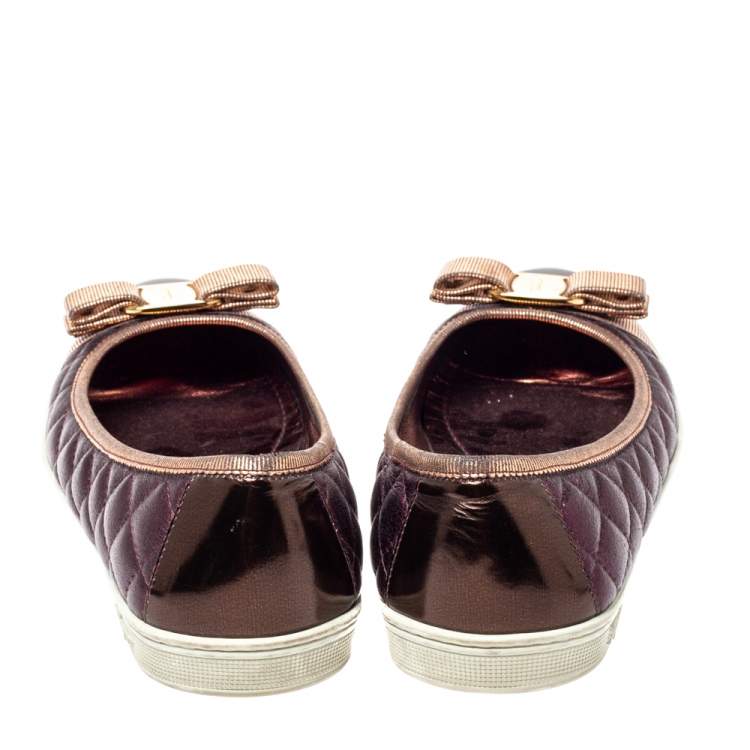 Pre Owned Salvatore Ferragamo Metallic Brown/Purple Leather Rufina Vara Bow Ballet Size 38