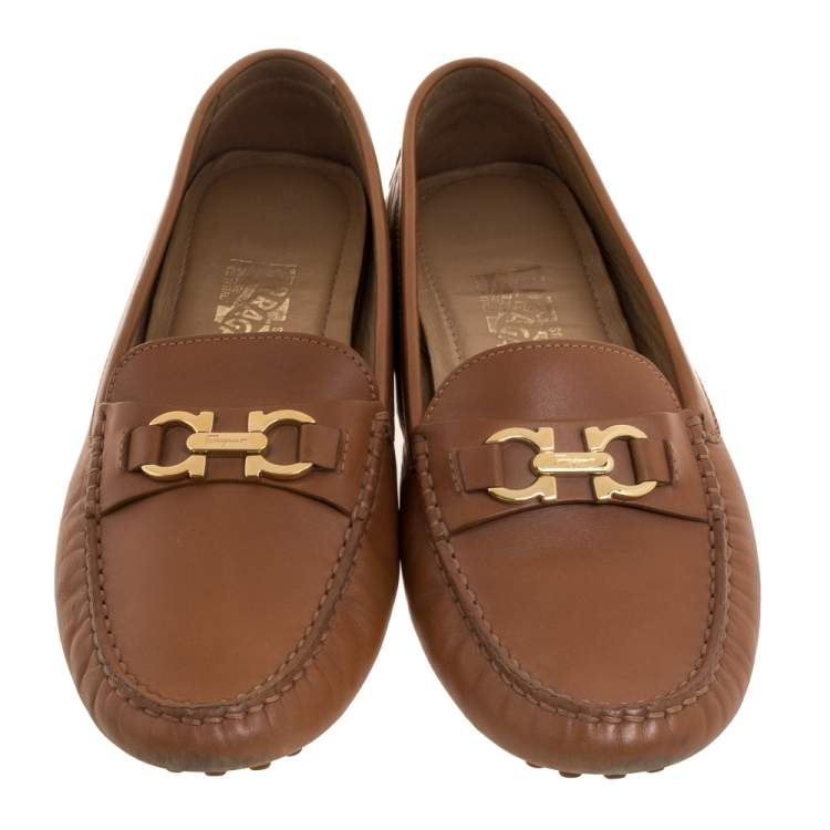 Pre Owned Salvatore Ferragamo Brown Leather Double Gancio Bit Loafers Size 39