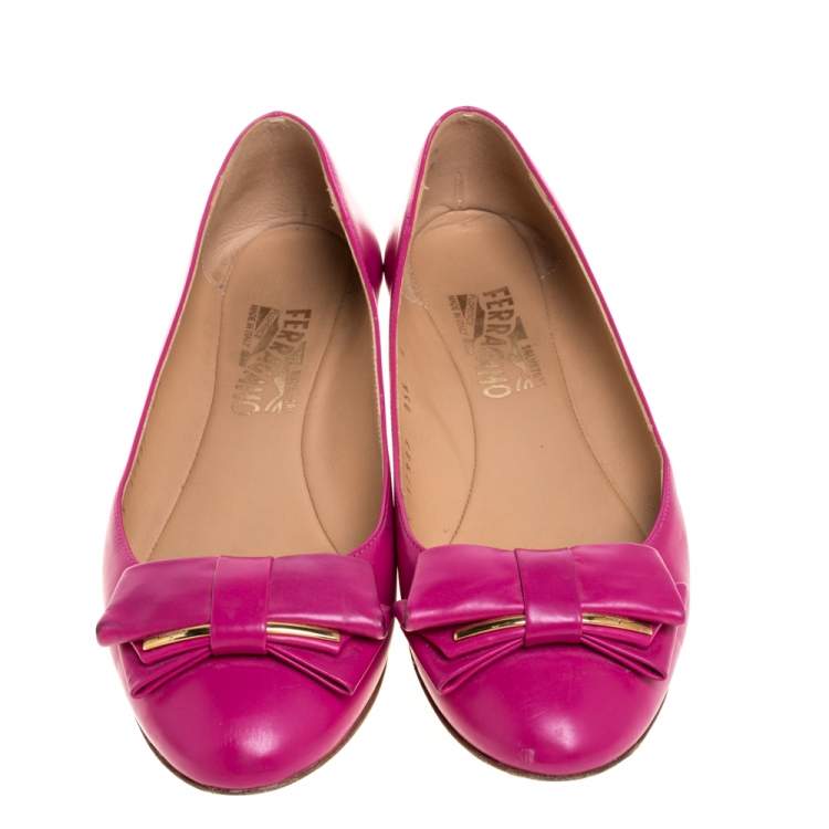 Pre Owned Salvatore Ferragamo Pink Leather Bow Ballet Flats Size 36.5
