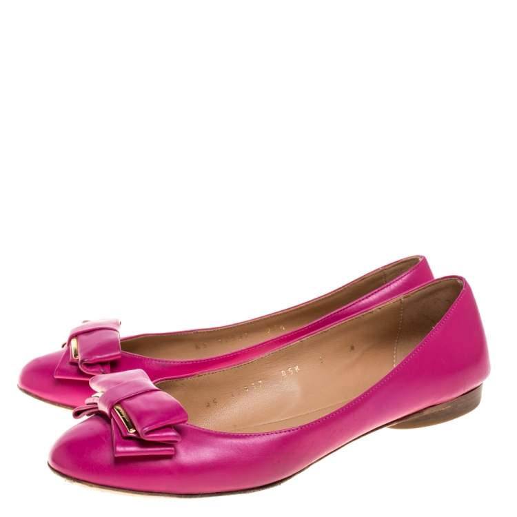 Pre Owned Salvatore Ferragamo Pink Leather Bow Ballet Flats Size 36.5