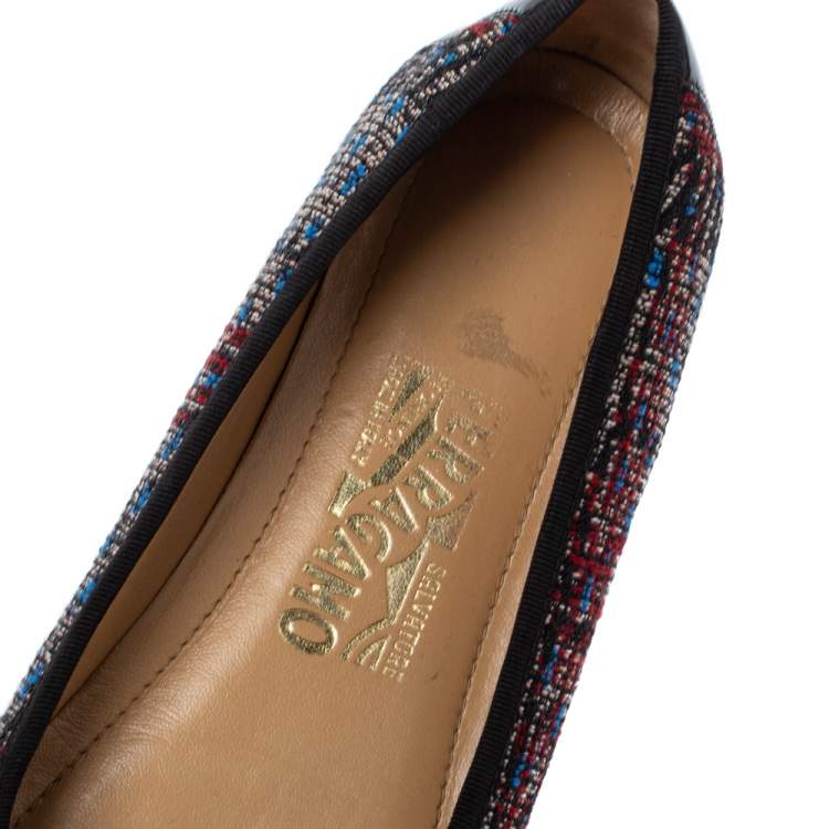 Pre Owned Salvatore Ferragamo Black Tweed Fabric and Patent Leather Rufina Vara Bow Ballet Size 37.5