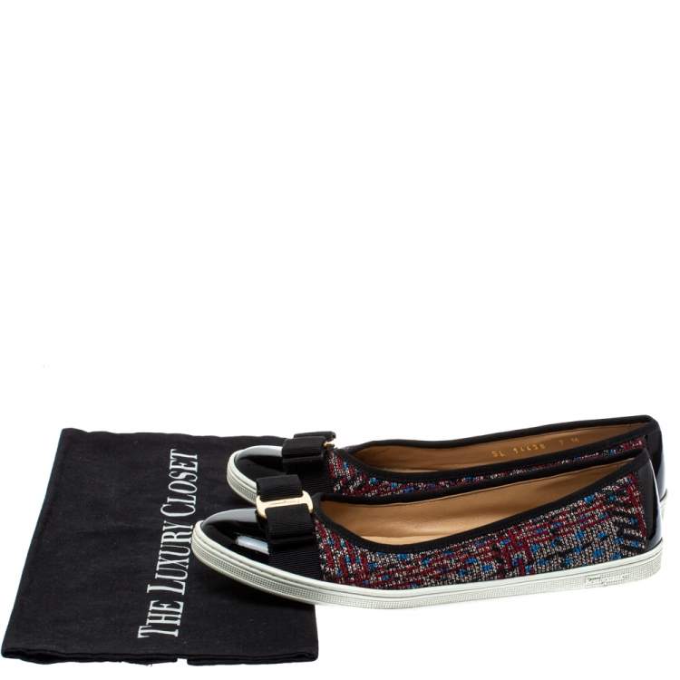 Pre Owned Salvatore Ferragamo Black Tweed Fabric and Patent Leather Rufina Vara Bow Ballet Size 37.5