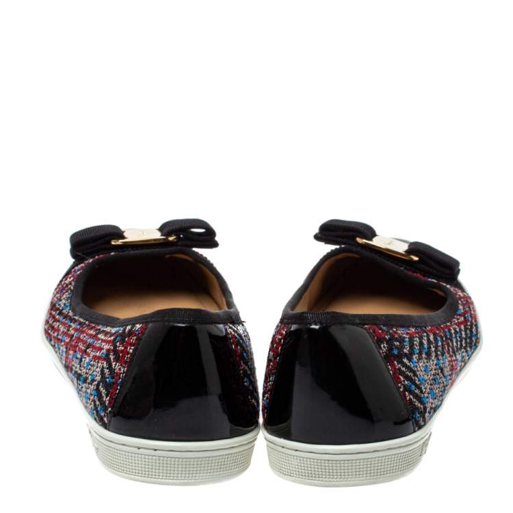 Pre Owned Salvatore Ferragamo Black Tweed Fabric and Patent Leather Rufina Vara Bow Ballet Size 37.5