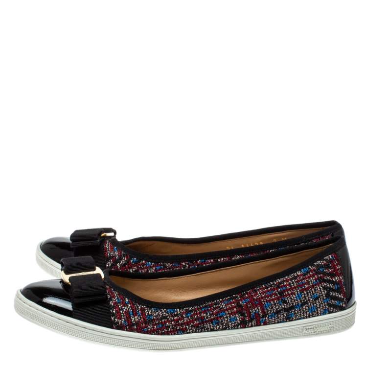 Pre Owned Salvatore Ferragamo Black Tweed Fabric and Patent Leather Rufina Vara Bow Ballet Size 37.5