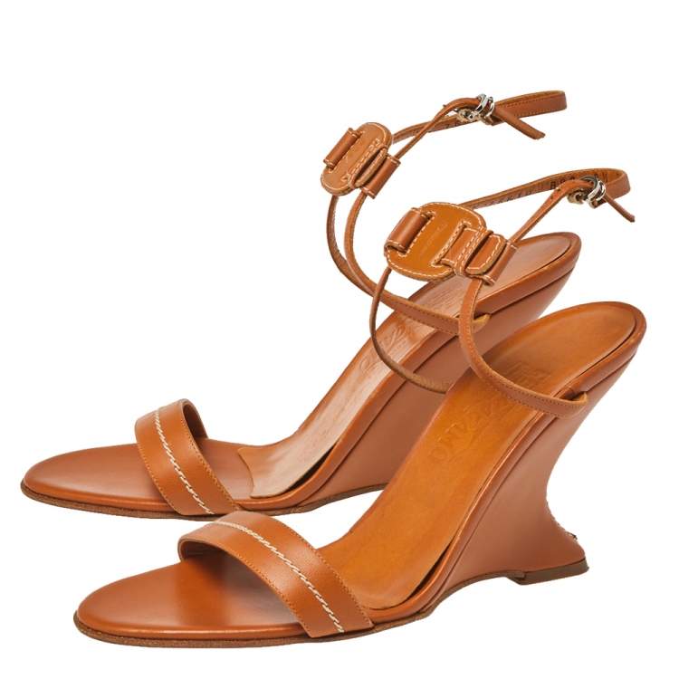Pre Owned Salvatore Ferragamo Tan Leather Wedge Sandals Size 39
