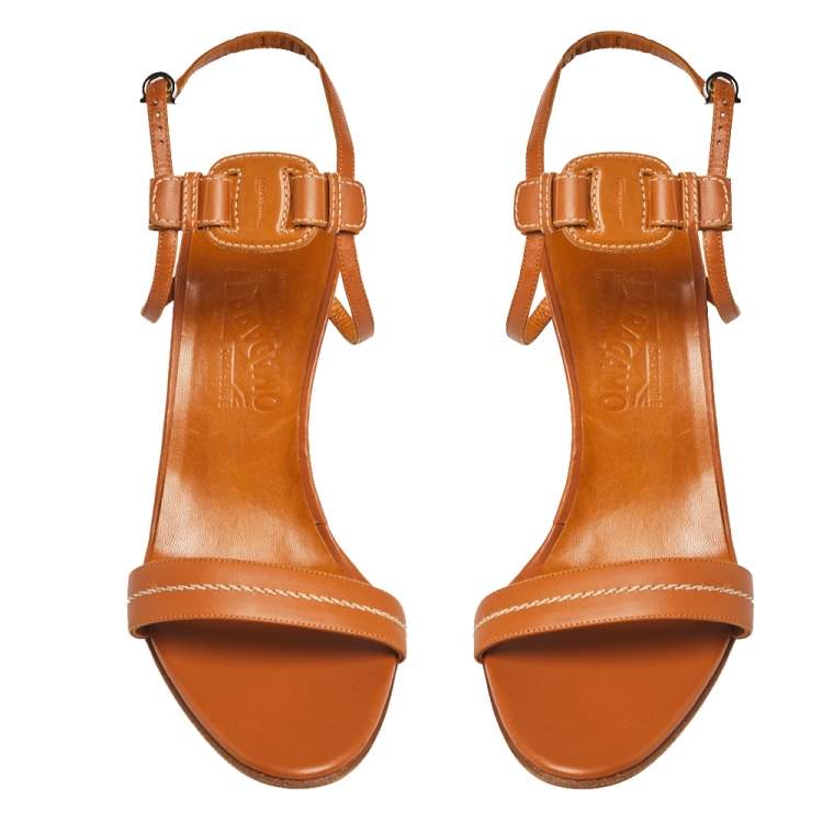 Pre Owned Salvatore Ferragamo Tan Leather Wedge Sandals Size 39