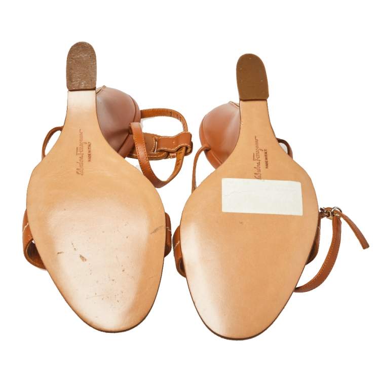 Pre Owned Salvatore Ferragamo Tan Leather Wedge Sandals Size 39