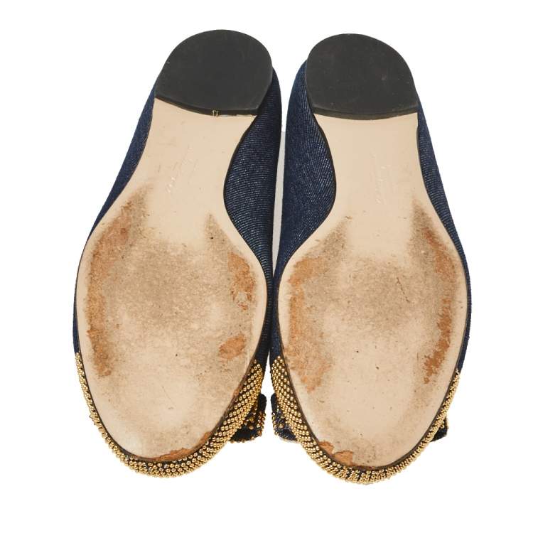 Pre Owned Salvatore Ferragamo Blue/Gold Denim Fabric Studded Vara Bow Cap Toe Ballet Flats Size 38.5