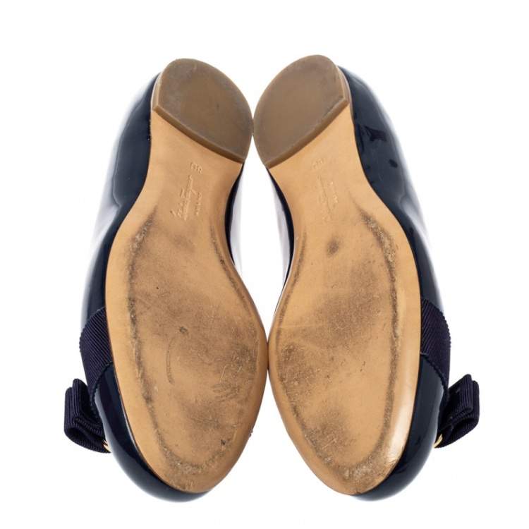 Pre Owned Salvatore Ferragamo Blue Patent Leather Varina Bow Flats Size 38.5