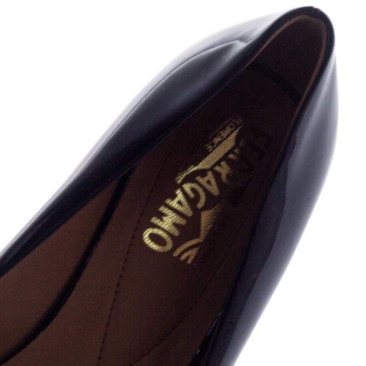 Pre Owned Salvatore Ferragamo Blue Patent Leather Varina Bow Flats Size 38.5