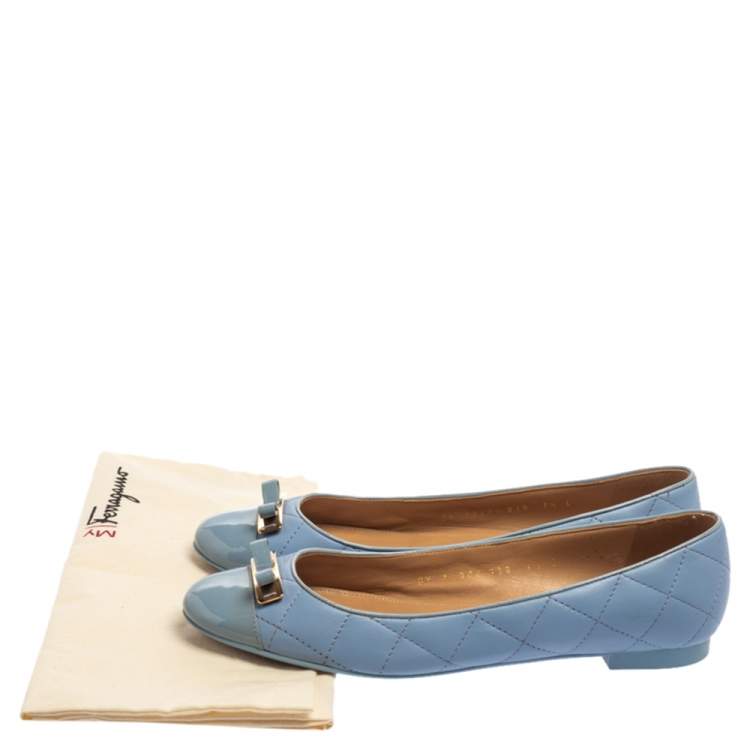 مملوكة مسبقًا Salvatore Ferragamo Blue Quilted Leather Bow Ballet Flats Size 38