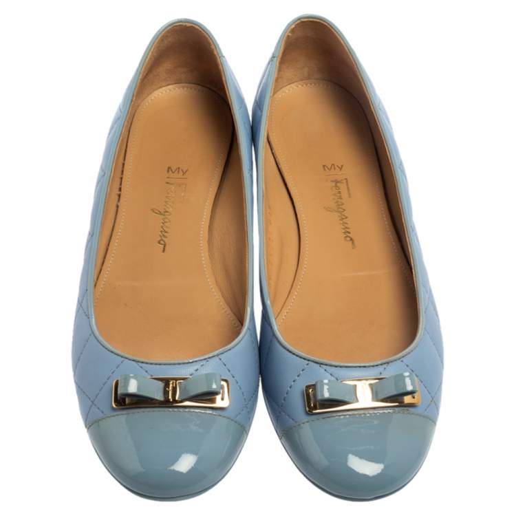 مملوكة مسبقًا Salvatore Ferragamo Blue Quilted Leather Bow Ballet Flats Size 38