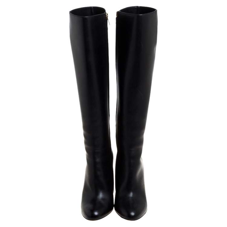 Pre Owned Salvatore Ferragamo Black Leather Leon Knee Length Boots Size 38.5