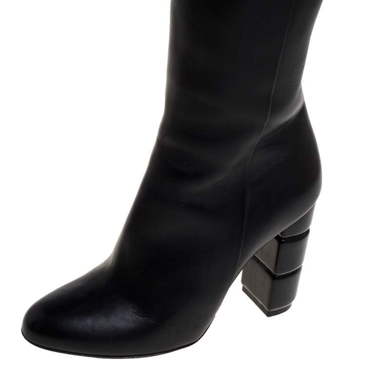 Pre Owned Salvatore Ferragamo Black Leather Leon Knee Length Boots Size 38.5