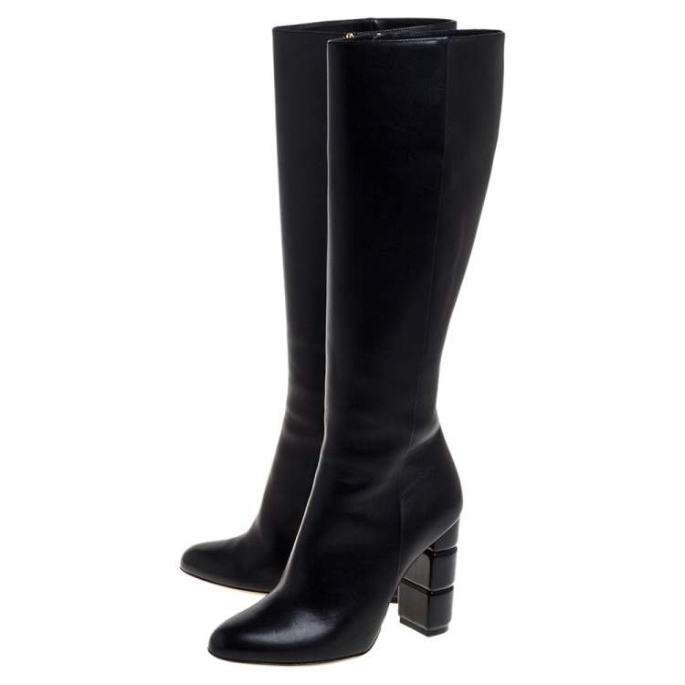 Pre Owned Salvatore Ferragamo Black Leather Leon Knee Length Boots Size 38.5