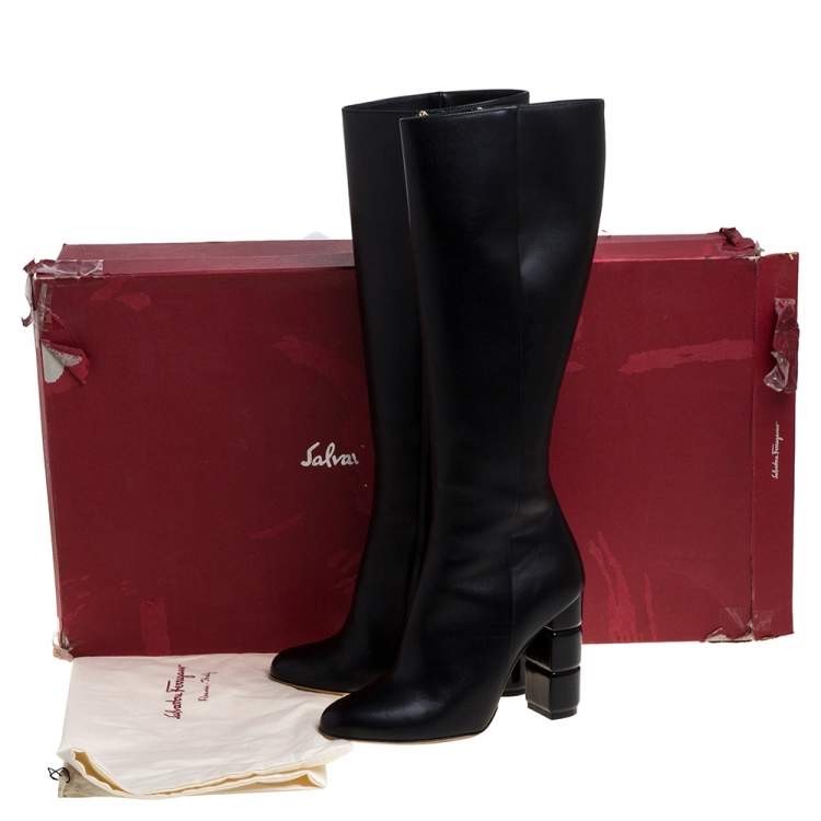 Pre Owned Salvatore Ferragamo Black Leather Leon Knee Length Boots Size 38.5