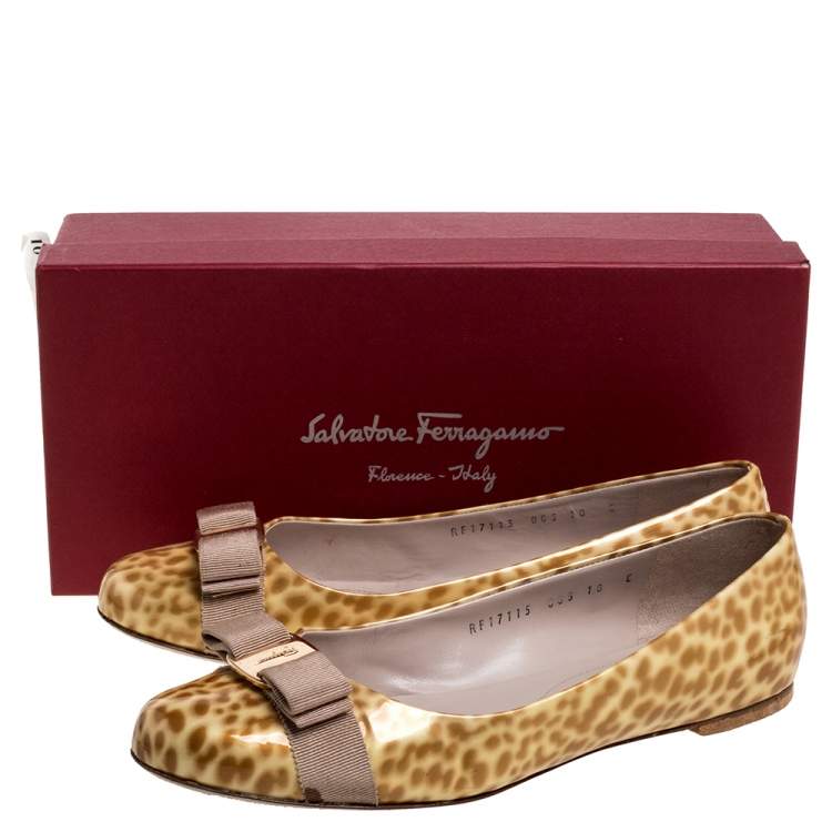 Pre Owned Salvatore Ferragamo Cream Animal Print Patent Leather Varina Ballet Flats Size 40.5