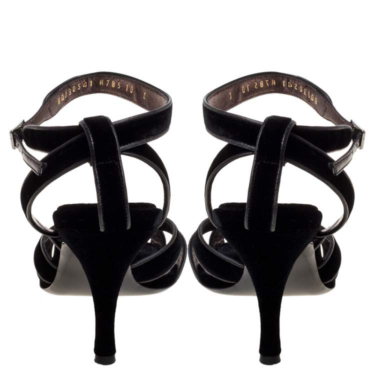 Pre Owned Salvatore Ferragamo Black Velvet Embellished Strappy Sandals Size 40.5