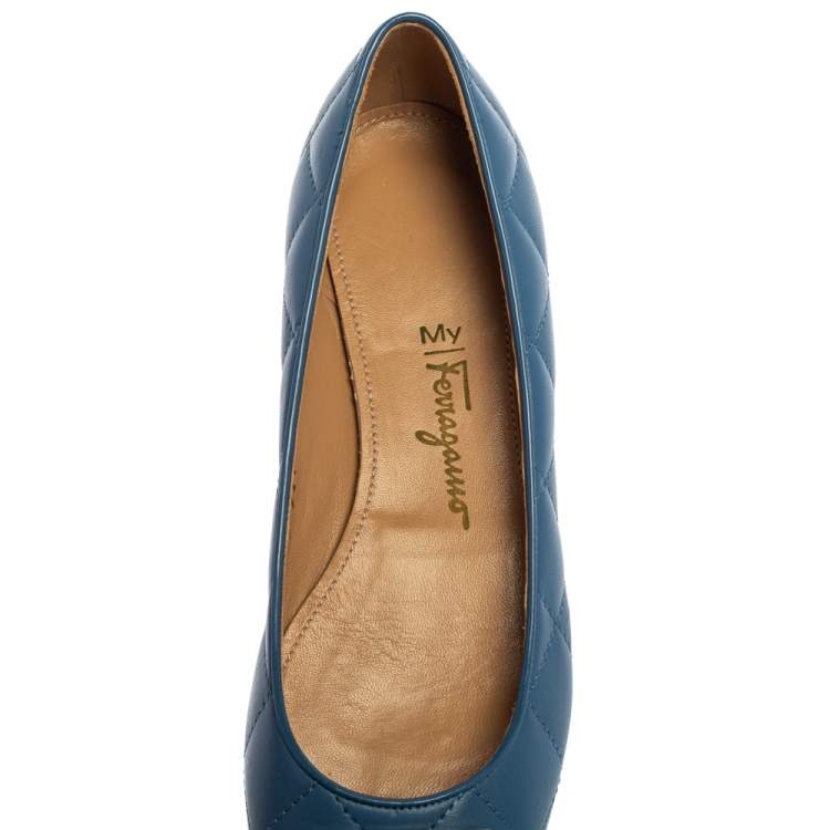 Pre Owned Salvatore Ferragamo Blue Quilted Leather Ballet Flats Size 36.5