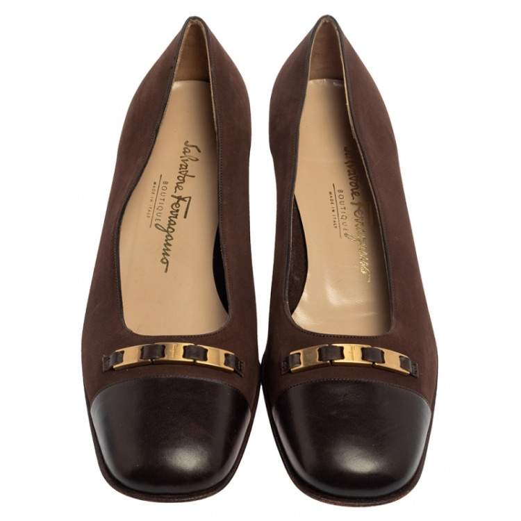 Pre Owned Salvatore Ferragamo Brown Nubuck And Leather Ballet Flats Size 39.5