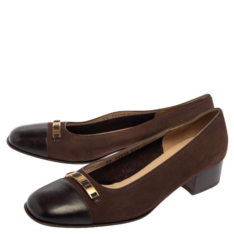 Pre Owned Salvatore Ferragamo Brown Nubuck And Leather Ballet Flats Size 39.5