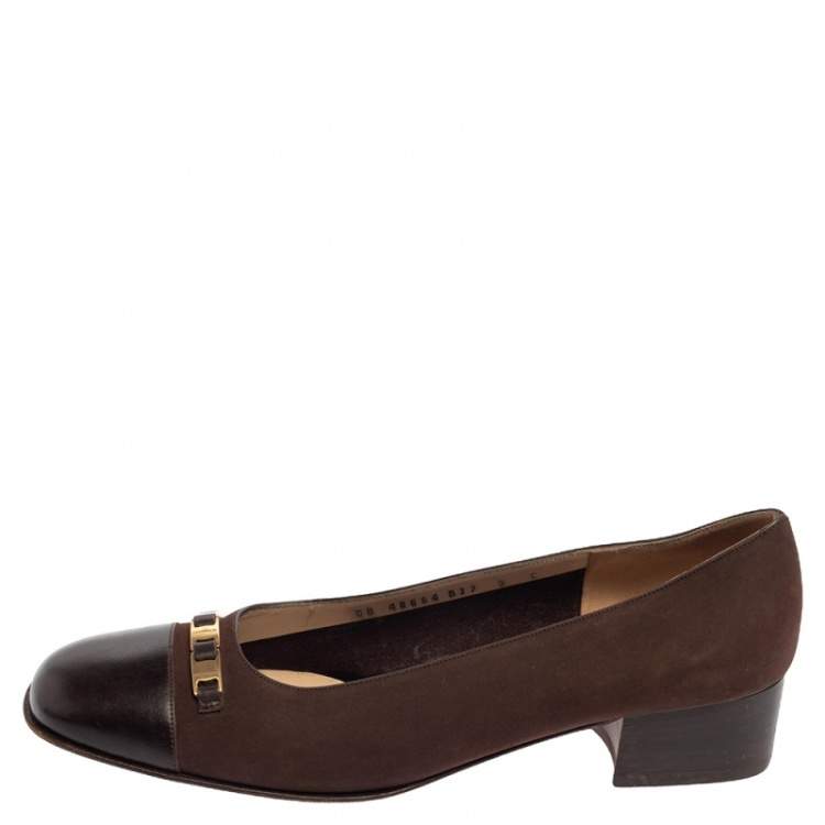 Pre Owned Salvatore Ferragamo Brown Nubuck And Leather Ballet Flats Size 39.5