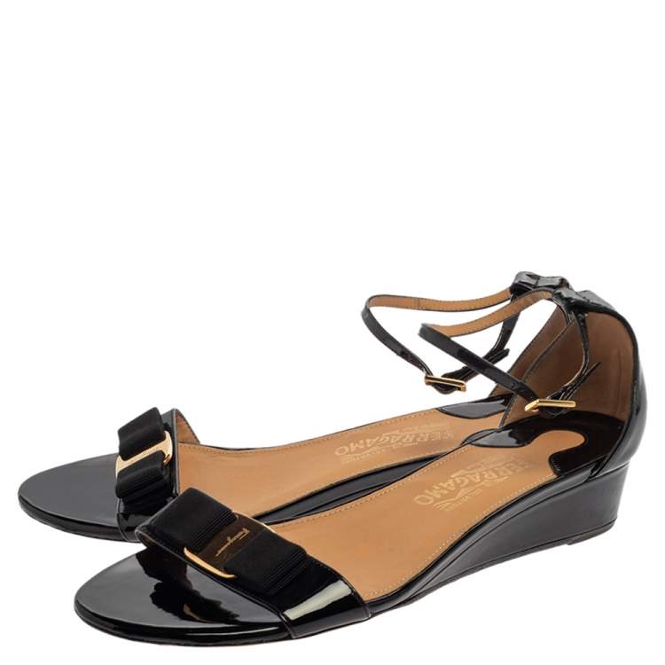 Pre Owned  Salvatore Ferragamo Black Patent Margot Vara Bow Ankle Strap Wedge Sandals Size 38.5