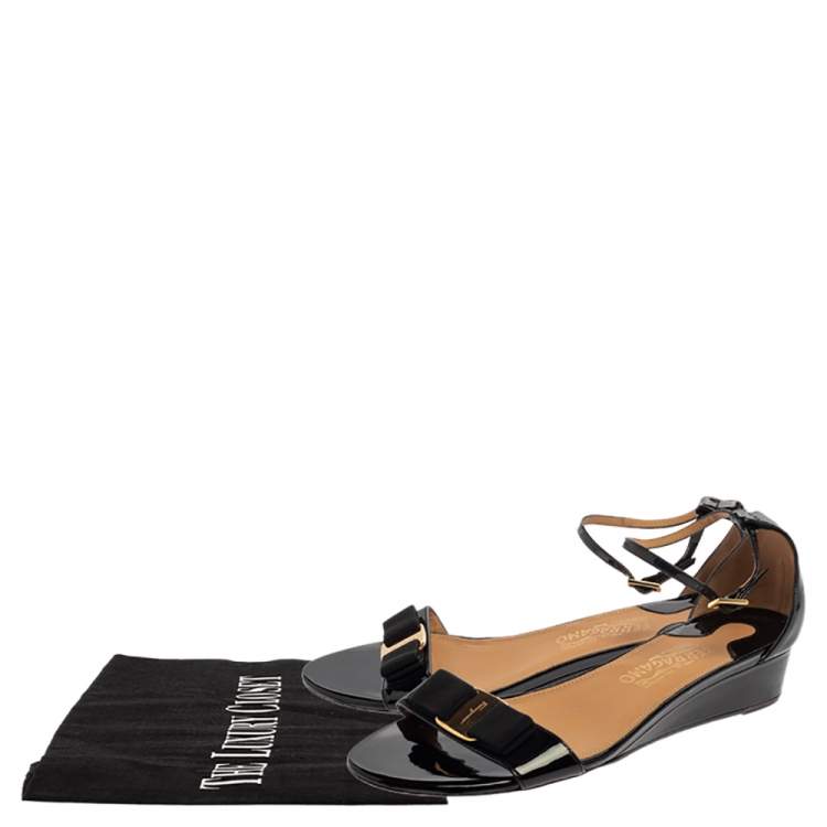 Pre Owned  Salvatore Ferragamo Black Patent Margot Vara Bow Ankle Strap Wedge Sandals Size 38.5