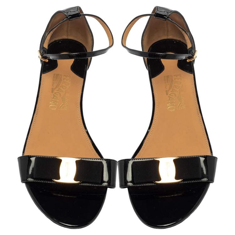 Pre Owned  Salvatore Ferragamo Black Patent Margot Vara Bow Ankle Strap Wedge Sandals Size 38.5