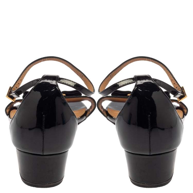 Pre Owned  Salvatore Ferragamo Black Patent Margot Vara Bow Ankle Strap Wedge Sandals Size 38.5