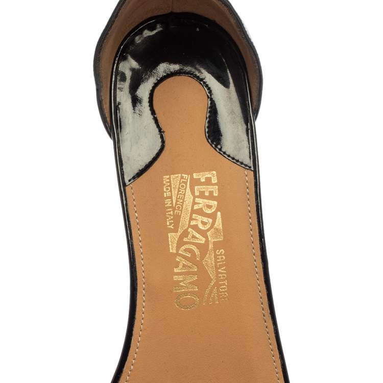 Pre Owned  Salvatore Ferragamo Black Patent Margot Vara Bow Ankle Strap Wedge Sandals Size 38.5