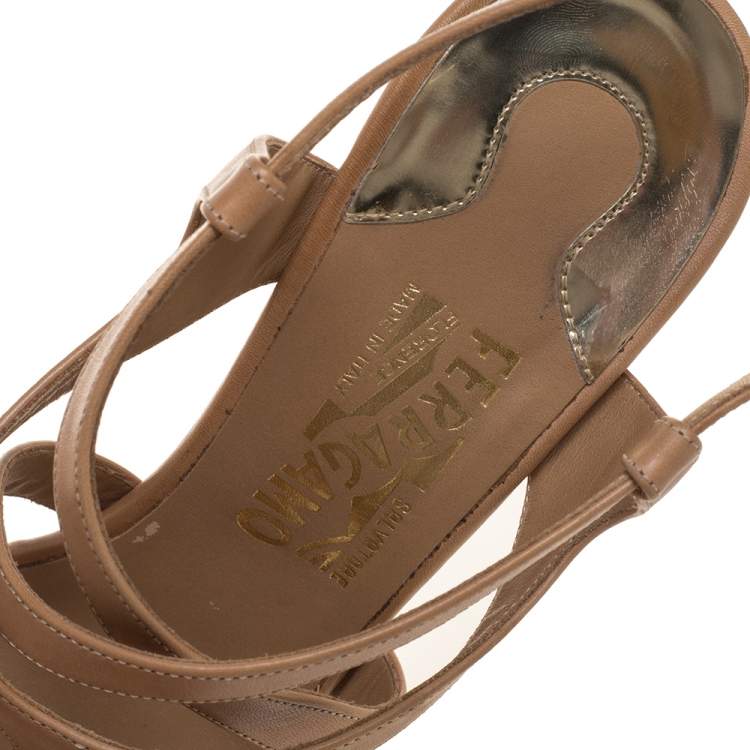 Pre Owned Salvatore Ferragamo Beige Leather Brise Ankle Strap Sandals Size 38.5