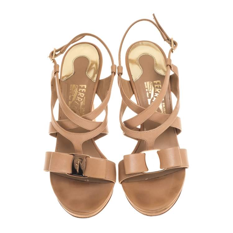 Pre Owned Salvatore Ferragamo Beige Leather Brise Ankle Strap Sandals Size 38.5