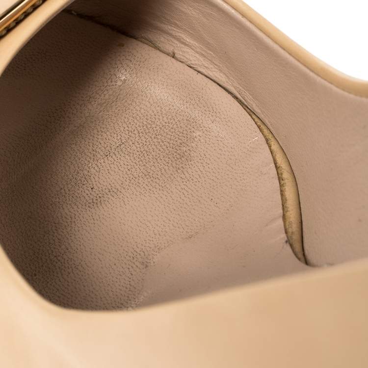 Pre Owned Salvatore Ferragamo Beige Leather Vara Bow Peep Toe Platform Pumps Size 36.5