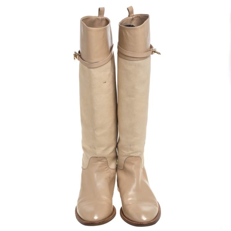 Pre Owned Salvatore Ferragamo Beige Canvas And Leather  Calipso Knee High Boots Size 39.5
