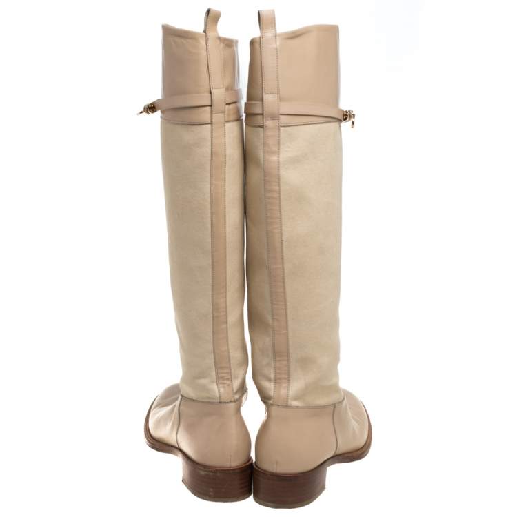 Pre Owned Salvatore Ferragamo Beige Canvas And Leather  Calipso Knee High Boots Size 39.5