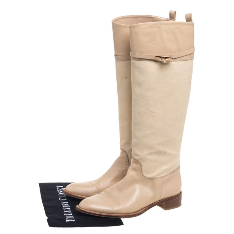 Pre Owned Salvatore Ferragamo Beige Canvas And Leather  Calipso Knee High Boots Size 39.5