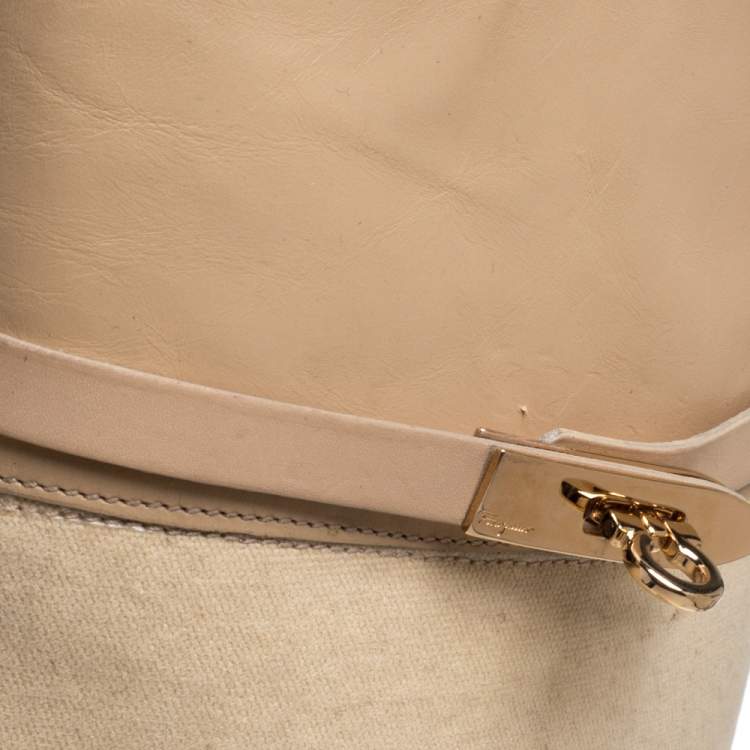 Pre Owned Salvatore Ferragamo Beige Canvas And Leather  Calipso Knee High Boots Size 39.5