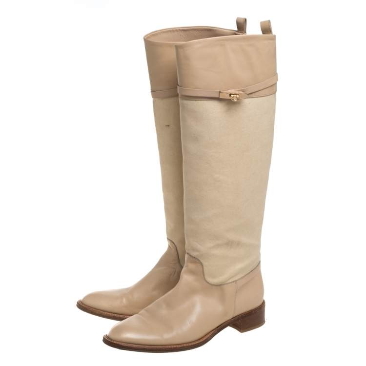 Pre Owned Salvatore Ferragamo Beige Canvas And Leather  Calipso Knee High Boots Size 39.5