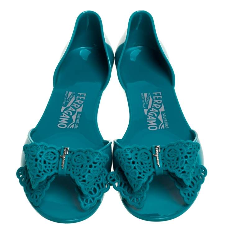 Pre Owned Salvatore Ferragamo Green Rubber Barbados Bow D'orasy Flats Size 38.5