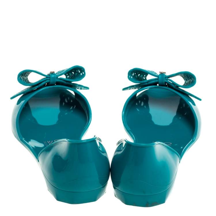 Pre Owned Salvatore Ferragamo Green Rubber Barbados Bow D'orasy Flats Size 38.5