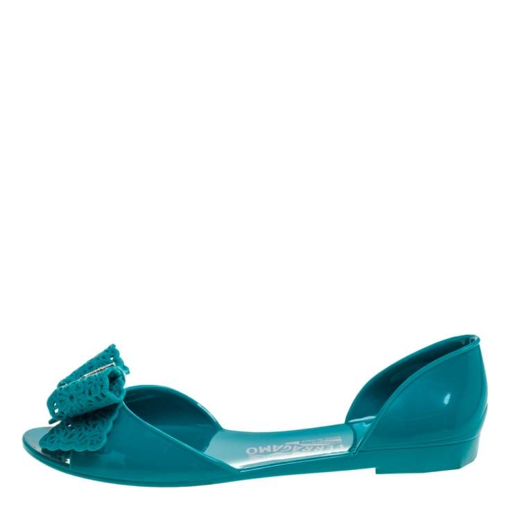 Pre Owned Salvatore Ferragamo Green Rubber Barbados Bow D'orasy Flats Size 38.5