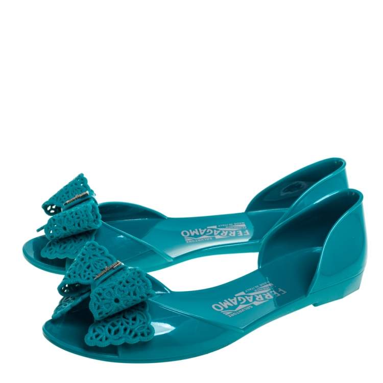 Pre Owned Salvatore Ferragamo Green Rubber Barbados Bow D'orasy Flats Size 38.5