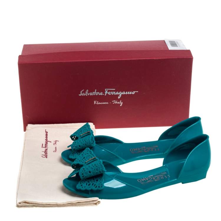 Pre Owned Salvatore Ferragamo Green Rubber Barbados Bow D'orasy Flats Size 38.5