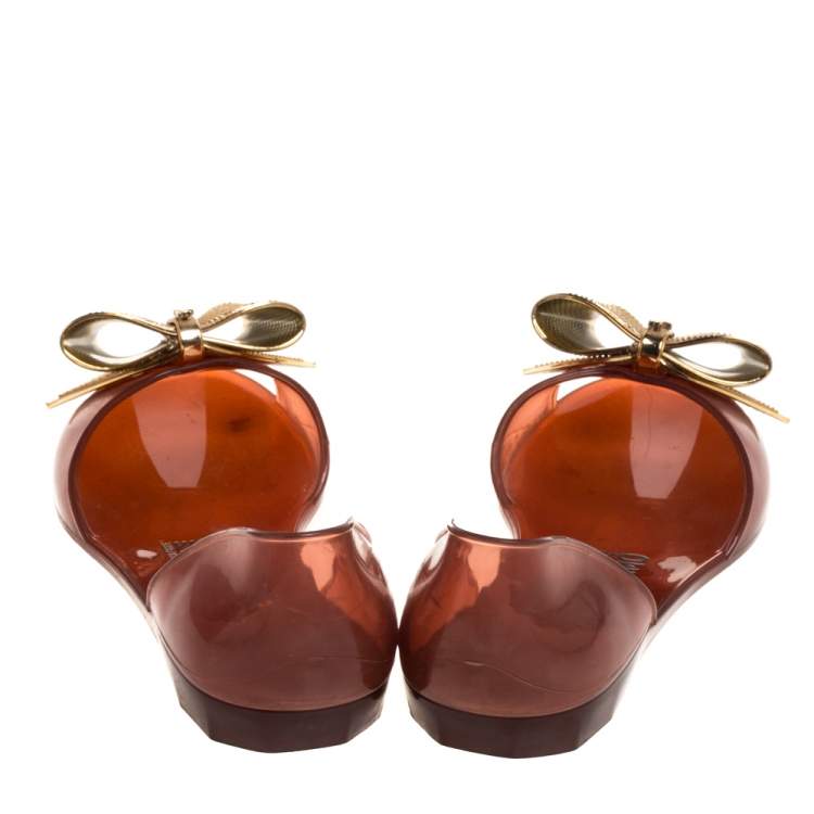 Pre Owned Salvatore Ferragamo Brown Barbados Bow Jelly Flats Size 38.5