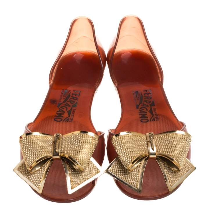 Pre Owned Salvatore Ferragamo Brown Barbados Bow Jelly Flats Size 38.5